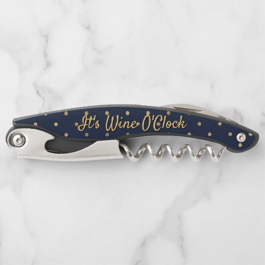 Funny Wine O'Clock Blue Gold Polka Dot Quote Kurkentrekker (Voorkant)
