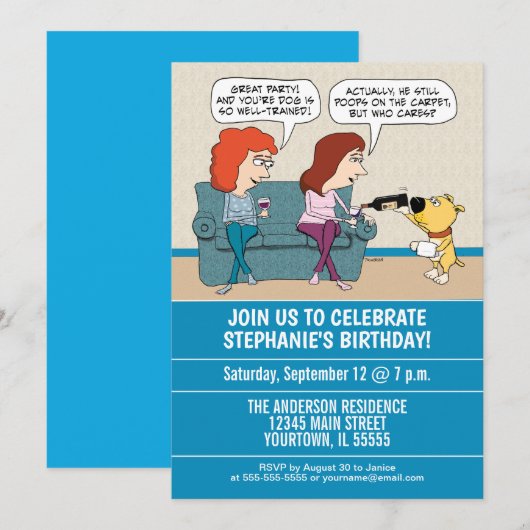 Funny Wine-Serving Dog Birthday Party Kaart (Voorkant / Achterkant)