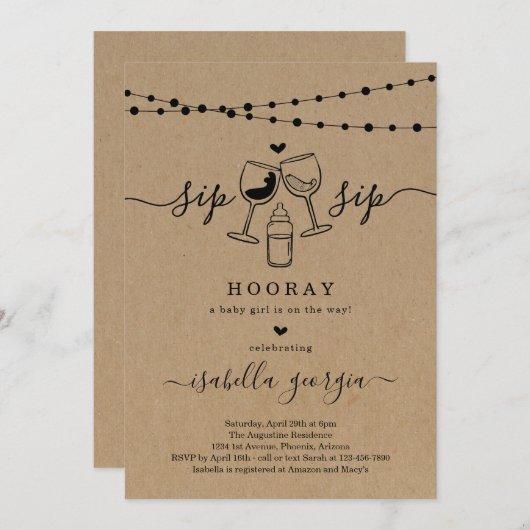 Funny Wine Sip Sip Hooray Baby shower Kaart (Voorkant / Achterkant)