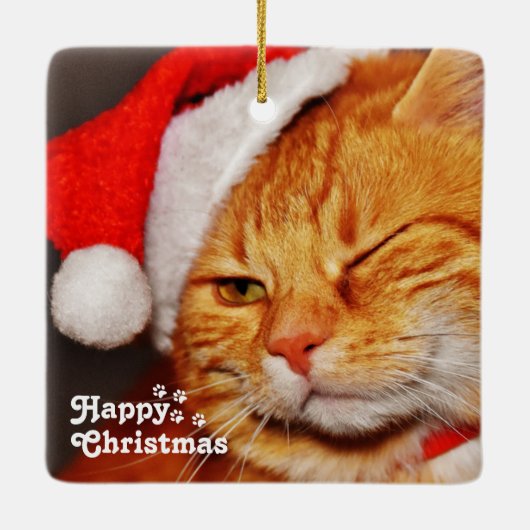 Funny Wink Cat Santa en Happy Kerstmis Keramisch Ornament (Achterkant)