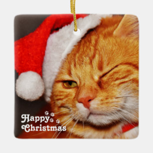 Funny Wink Cat Santa en Happy Kerstmis Keramisch Ornament
