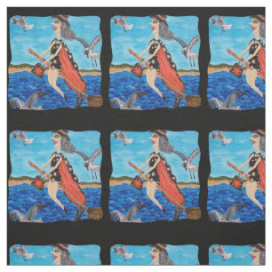 Funny Witch Bathing Suit Flying Over Beach Cat Stof