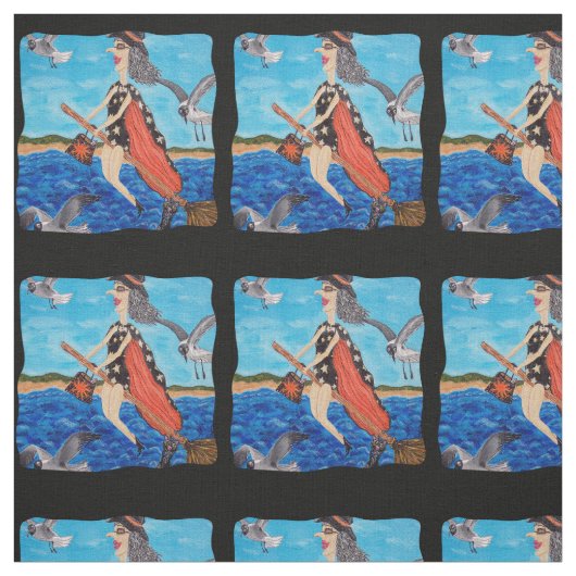 Funny Witch Bathing Suit Flying Over Beach Cat Stof (Swatch)