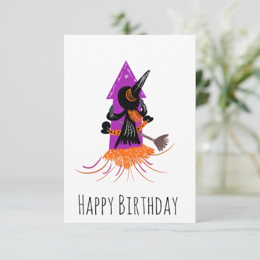 Funny Witch Firecracker Halloween Birthday Kaart (Staand voorkant)