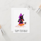 Funny Witch Firecracker Halloween Birthday Kaart (Voorkant / Achterkant in situ)