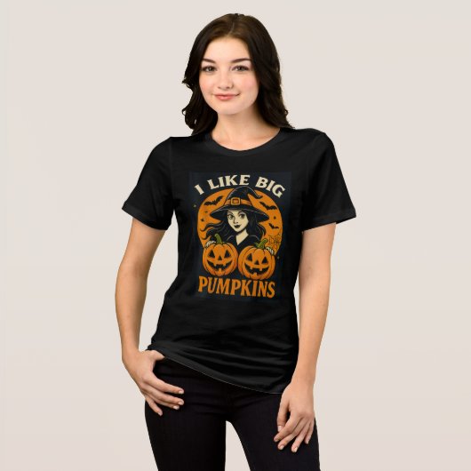 Funny Witch “I Like Big Pumpkins” Art Tri-Blend Shirt (Voorkant volledig)