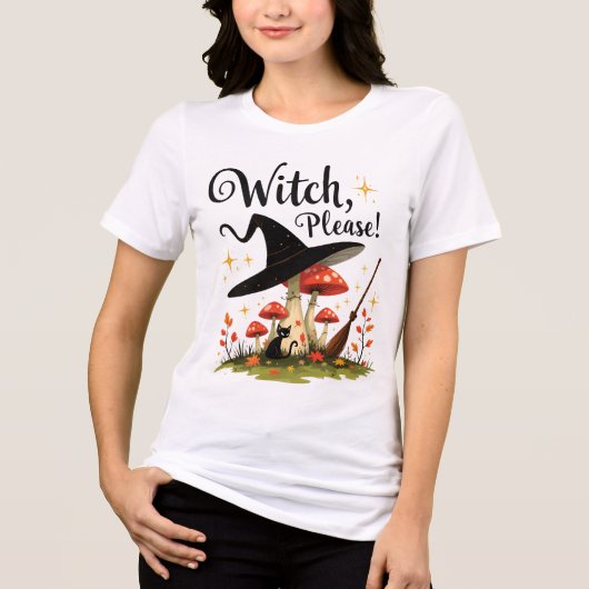 Funny Witch Please Black Cat Mushroom Tri-Blend Shirt (Voorkant)