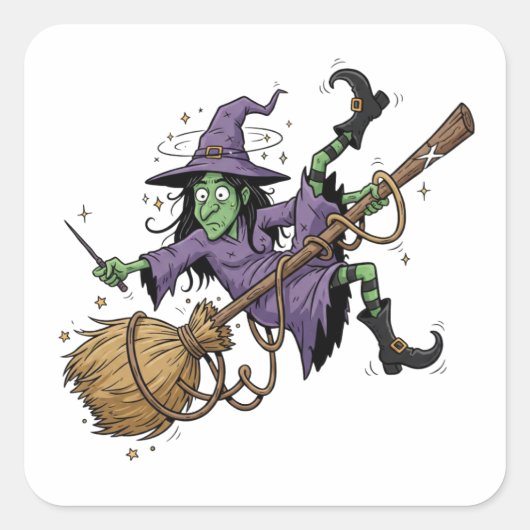 Funny Witch Tangled On Broom Art Sticker (Voorkant)