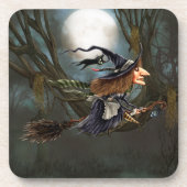 Funny Witch vliegt op Broomstick Halloween Bier Onderzetter (Voorkant)