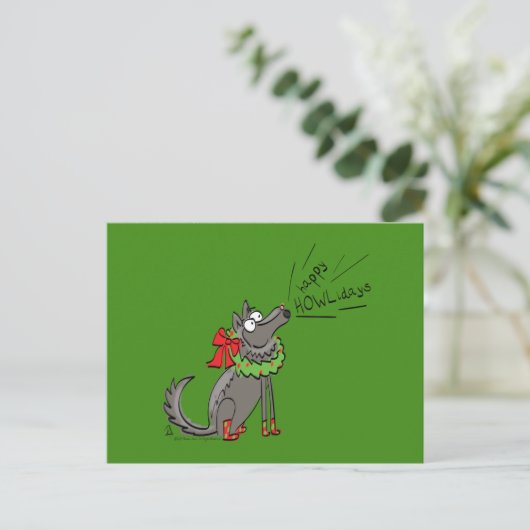 Funny Wolf Happy Howlidays Holiday Briefkaart (Staand voorkant)