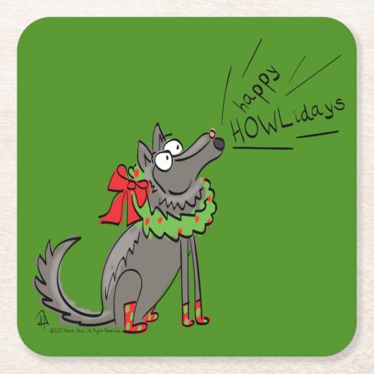Funny Wolf Happy Howlidays Holiday Kartonnen Onderzetters (Voorkant)