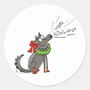 Funny Wolf Happy Howlidays Holiday Ronde Sticker