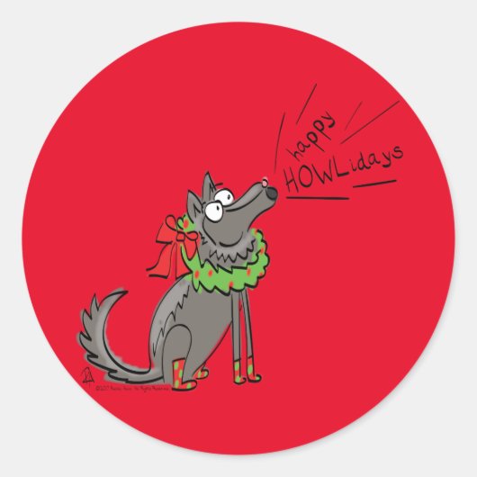 Funny Wolf Happy Howlidays Holiday Ronde Sticker (Voorkant)