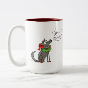 Funny Wolf Happy Howlidays Holiday Tweekleurige Koffiemok