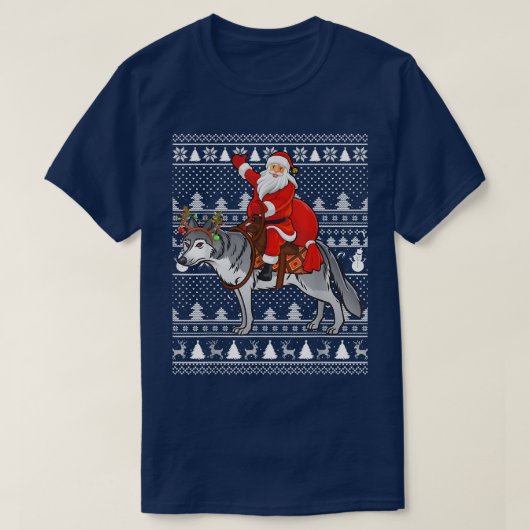 Funny Wolf Lover Santa Riding Wolf Ugly Kerstmis T-shirt (Design voorkant)