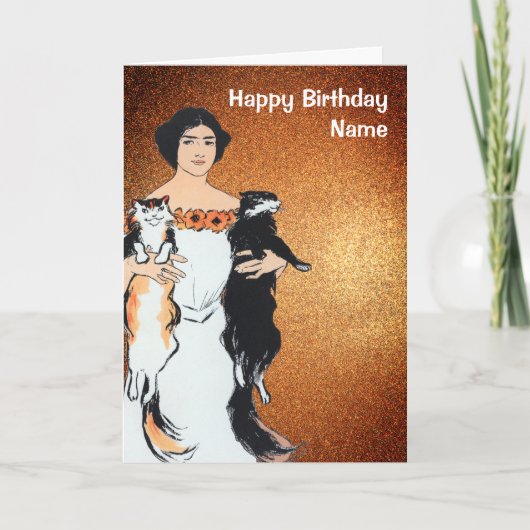 Funny Woman and Cats Gold Glitter Birthday Kaart (Voorkant)