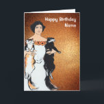 Funny Woman and Cats Gold Glitter Birthday Kaart<br><div class="desc">Illustratie van een vrouw met twee katten. Bericht: 'Happy Birthday Name'. Kaart heeft een gouden glittereffect achtergrond. Stuur deze kaart naar een vrouw die van katten houdt. Pas deze schattige kaart eenvoudig aan door de tekst van de sjabloon aan de voor- en binnenkant te bewerken. afbeelding voor het publieke domein...</div>