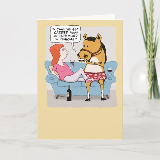 Funny Woman and Horse Drink Wine Birthday Kaart (Voorkant)