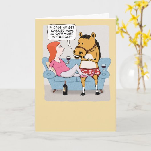 Funny Woman and Horse Drink Wine Birthday Kaart (Gele Bloem)
