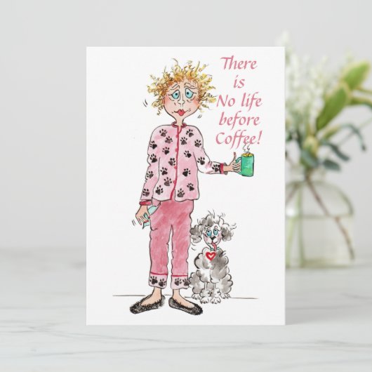 Funny Woman Caricature Before kluis Red Pajamas Feestdagenkaart (Staand voorkant)