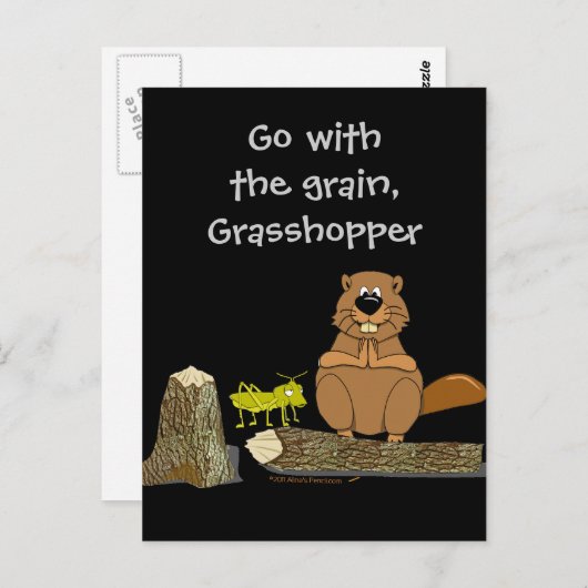 Funny Wood Turning Beaver and Grasshopper Cartoon Briefkaart (Voorkant / Achterkant)