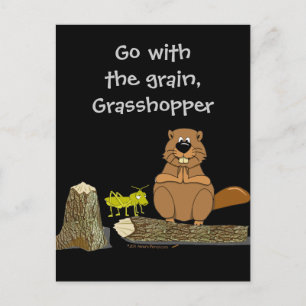 Funny Wood Turning Beaver and Grasshopper Cartoon Briefkaart