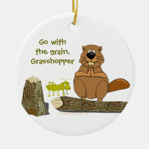 Funny Wood Turning Beaver and Grasshopper Cartoon Keramisch Ornament