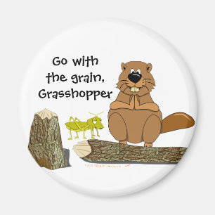 Funny Wood Turning Beaver and Grasshopper Cartoon Magneet