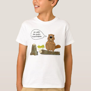 Funny Wood Turning Beaver and Grasshopper Cartoon T-shirt