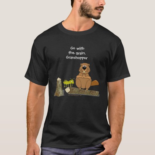 Funny Wood Turning Beaver and Grasshopper Cartoon T-shirt (Voorkant)