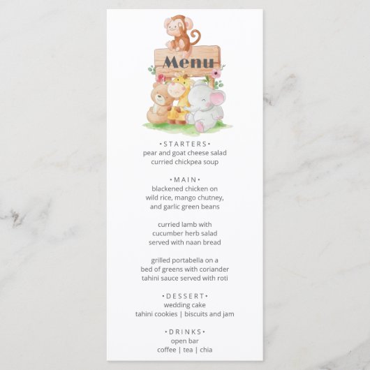 Funny Woodland Animals Baby Showe Party Menu (Voorkant)