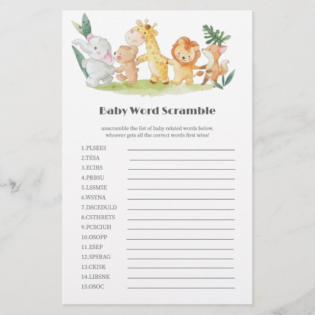Funny Woodland Animals Baby shower Word Scramble (Voorkant)