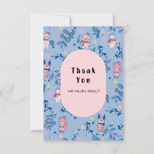 Funny Woodland Friends  Blue Winter Forest Pattern Bedankkaart (Voorkant)