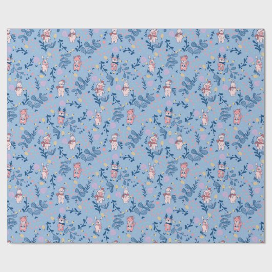 Funny Woodland Friends  Blue Winter Forest Pattern Cadeaupapier (Vlak)
