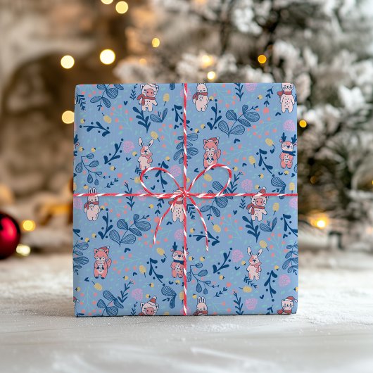 Funny Woodland Friends  Blue Winter Forest Pattern Cadeaupapier