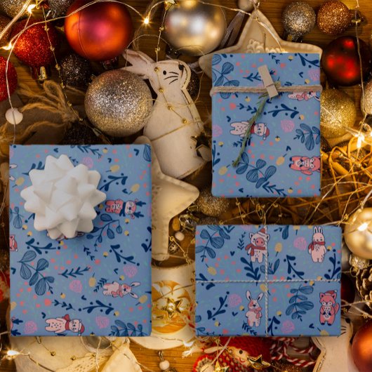 Funny Woodland Friends  Blue Winter Forest Pattern Inpakpapier Vel