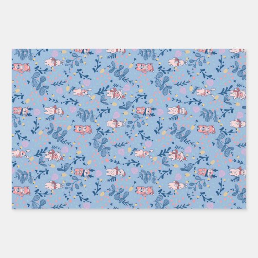 Funny Woodland Friends  Blue Winter Forest Pattern Inpakpapier Vel (Voorkant)