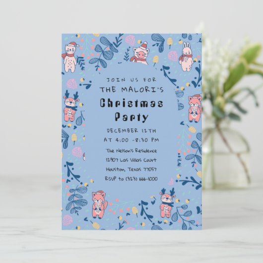 Funny Woodland Friends  Blue Winter Forest Pattern Kaart (Staand voorkant)