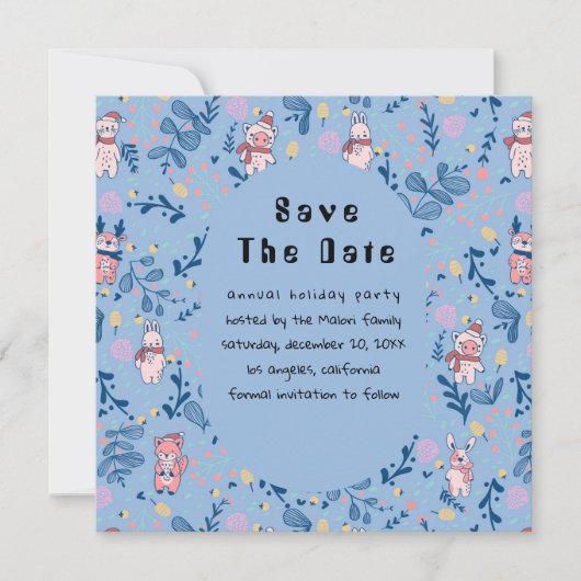 Funny Woodland Friends Blue Winter Forest Pattern Save The Date (Voorkant)