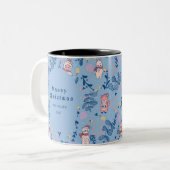 Funny Woodland Friends  Blue Winter Forest Pattern Tweekleurige Koffiemok (Voorkant links)