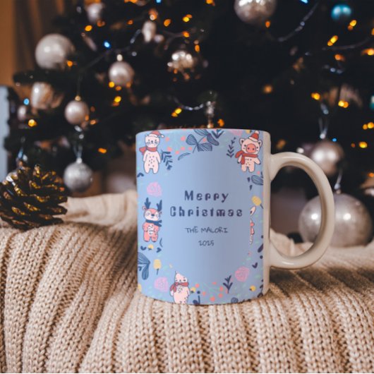 Funny Woodland Friends  Blue Winter Forest Pattern Tweekleurige Koffiemok