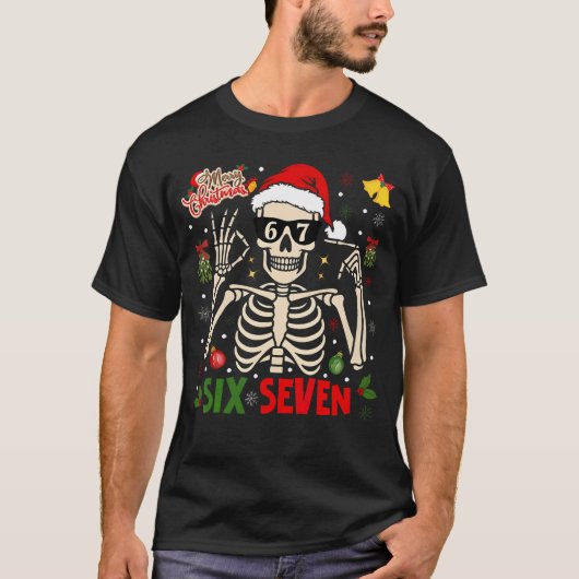 Funny Xmas 67 Skeleton Six Seven Christmas Lights T-shirt (Voorkant)