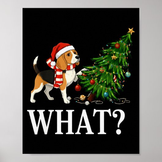 Funny Xmas Beagle Pushing Christmas Tree Over Dog  Poster (Voorkant)