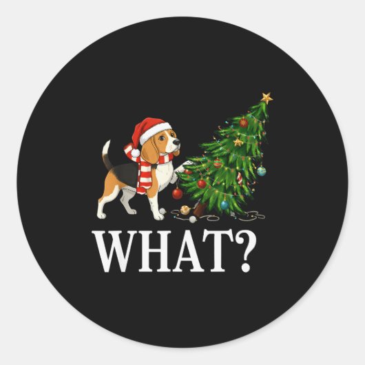 Funny Xmas Beagle Pushing Christmas Tree Over Dog Ronde Sticker (Voorkant)