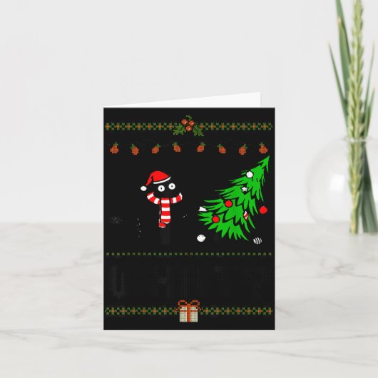 Funny Xmas Black Cat Pushing Christmas Tree Over C Kaart (Voorkant)