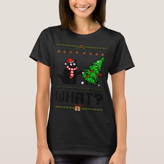 Funny Xmas Black Cat Pushing Christmas Tree Over C T-shirt (Voorkant)