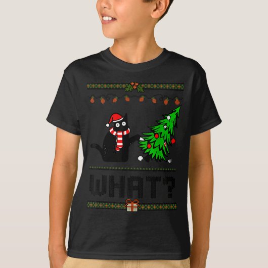 Funny Xmas Black Cat Pushing Christmas Tree Over C T-shirt (Voorkant)