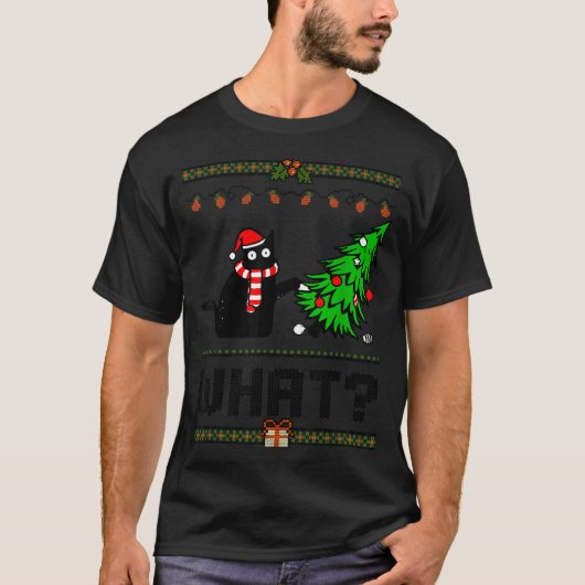 Funny Xmas Black Cat Pushing Christmas Tree Over C T-shirt (Voorkant)