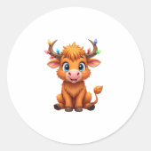 Funny Xmas Cow Lights Boys Girls Cute Highland Cow Ronde Sticker (Voorkant)