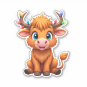 Funny Xmas Cow Lights Boys Girls Cute Highland Cow Sticker (Voorkant)
